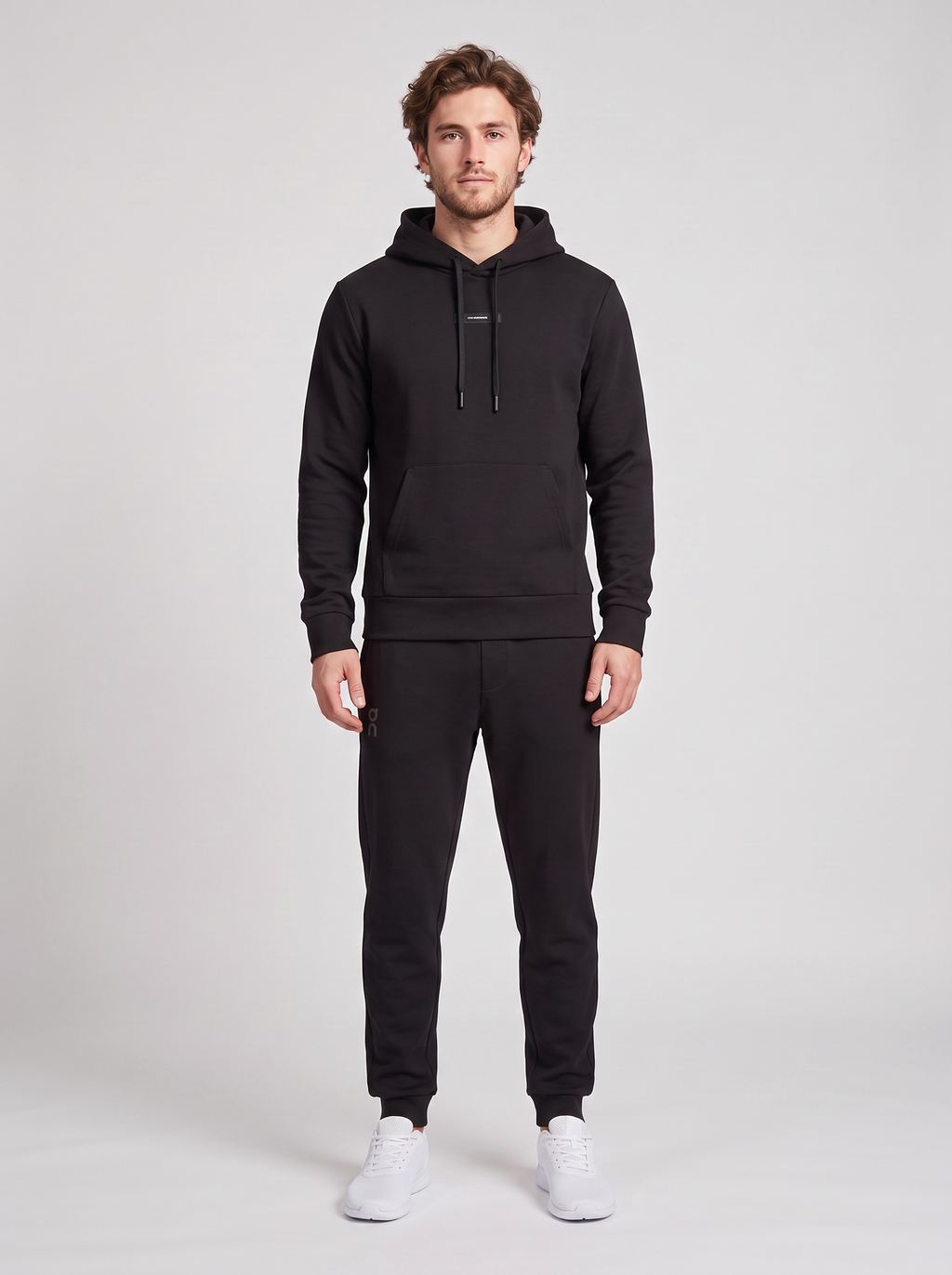 Men's On Running Black Focus Tech Hoodie & Pant Tracksuit Set — on model
