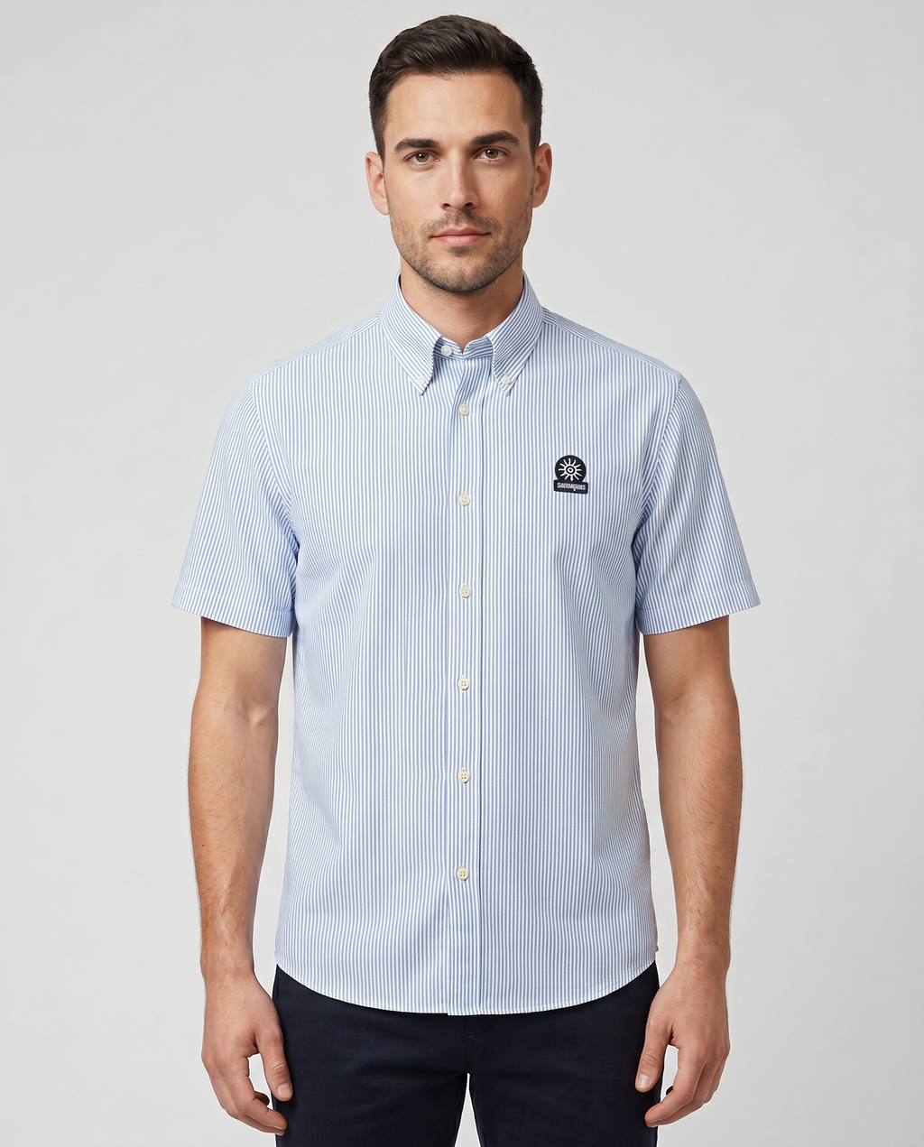 Men's Sandbanks Navy Seersucker Smart Shirt — on model