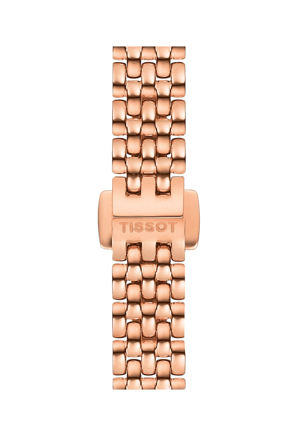Close-up of the Tissot rose gold plated bracelet watch band showing the Tissot-branded clasp closure mechanism.
