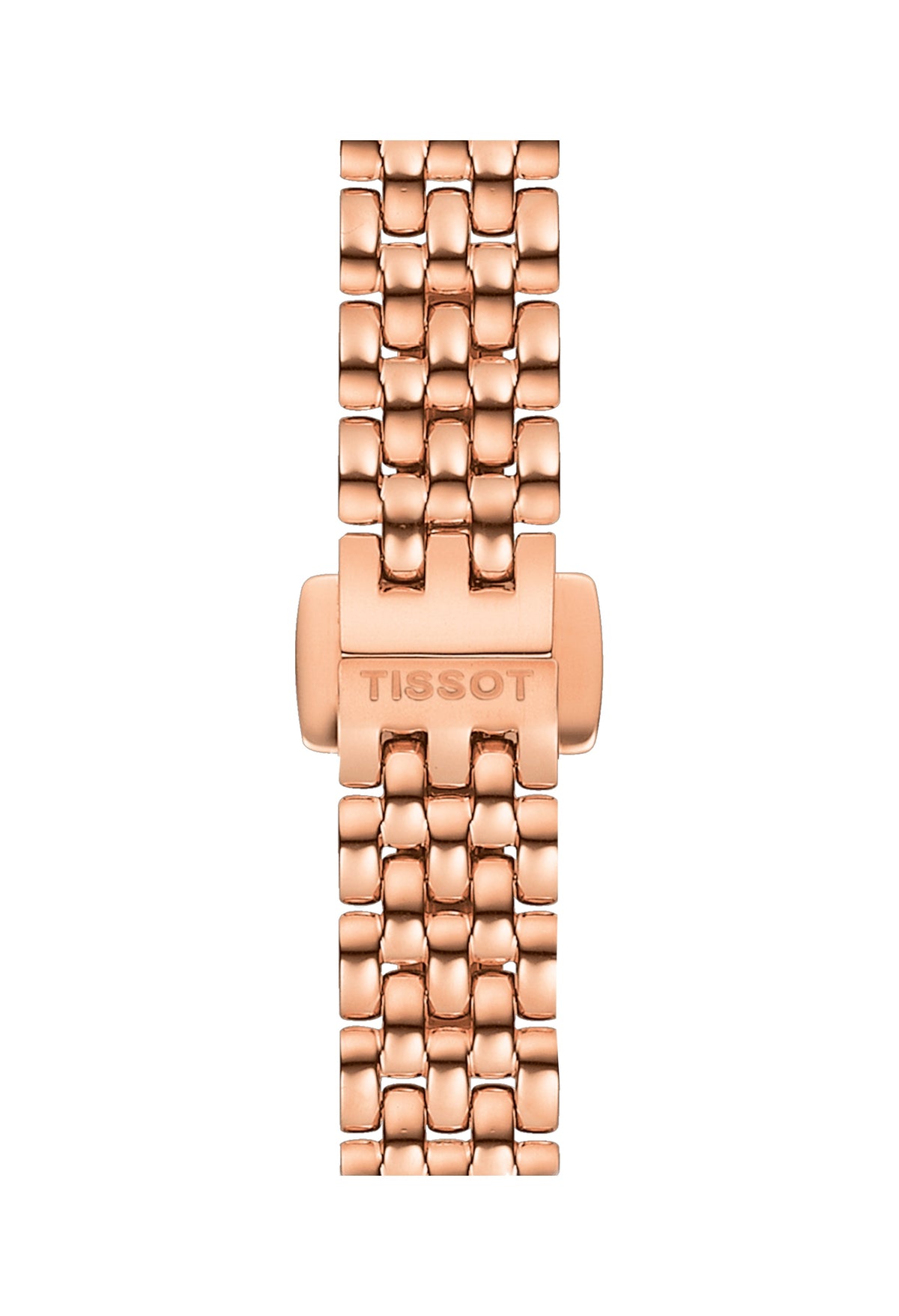 Close-up of the Tissot rose gold plated bracelet watch band showing the Tissot-branded clasp closure mechanism.