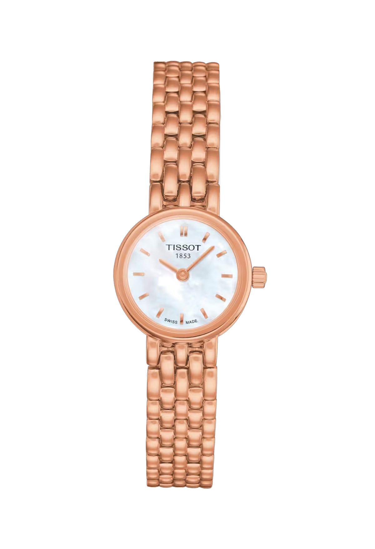 Rose gold plated Tissot watch showcasing the mother of pearl dial and bracelet. "Tissot 1853" & "Swiss Made" visible on the