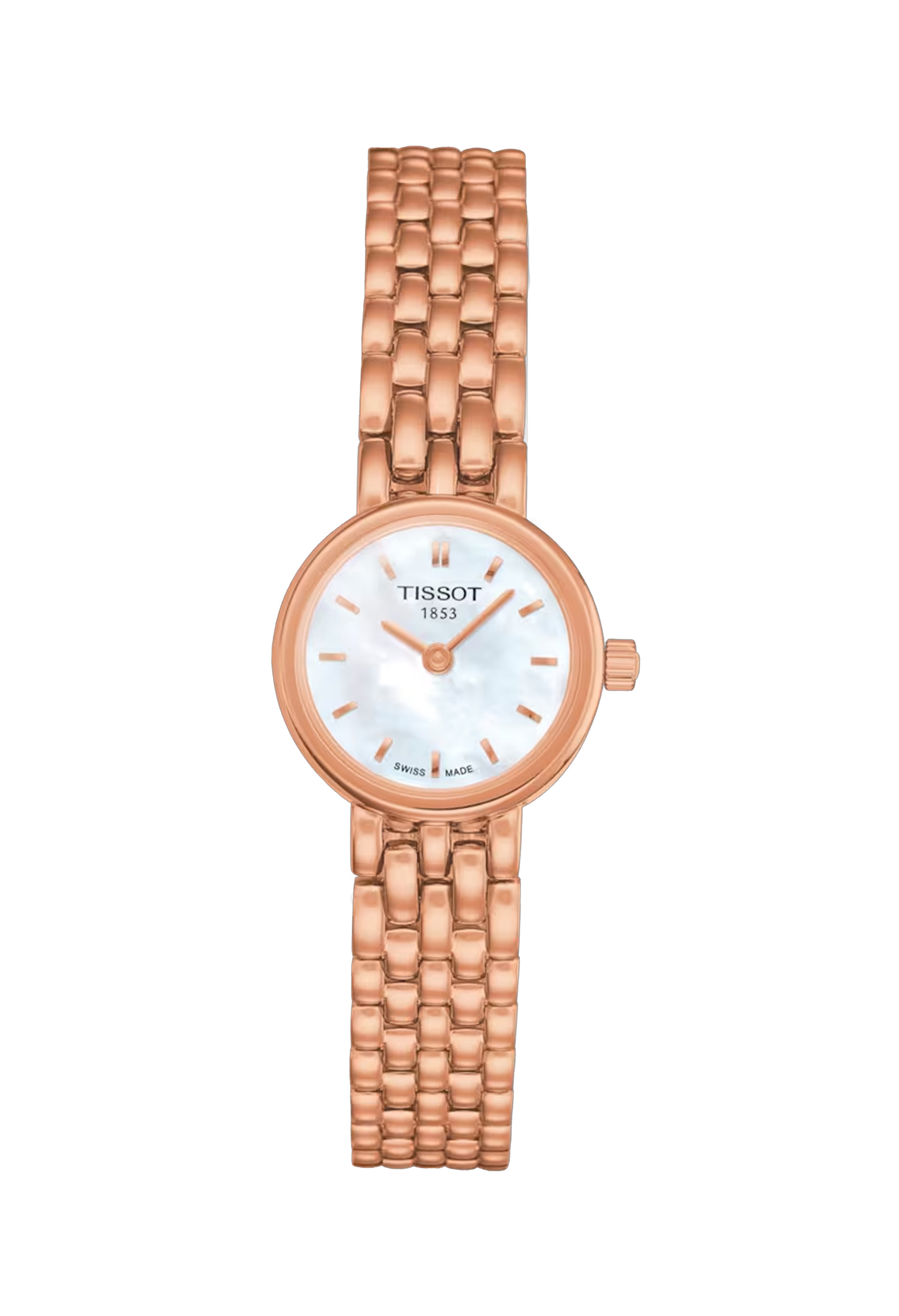 Rose gold plated Tissot watch showcasing the mother of pearl dial and bracelet. "Tissot 1853" & "Swiss Made" visible on the