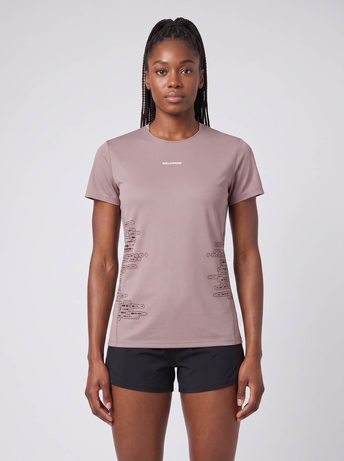 Womens Salomon Sense Aero SS Tee GFX Chocolate worn by model