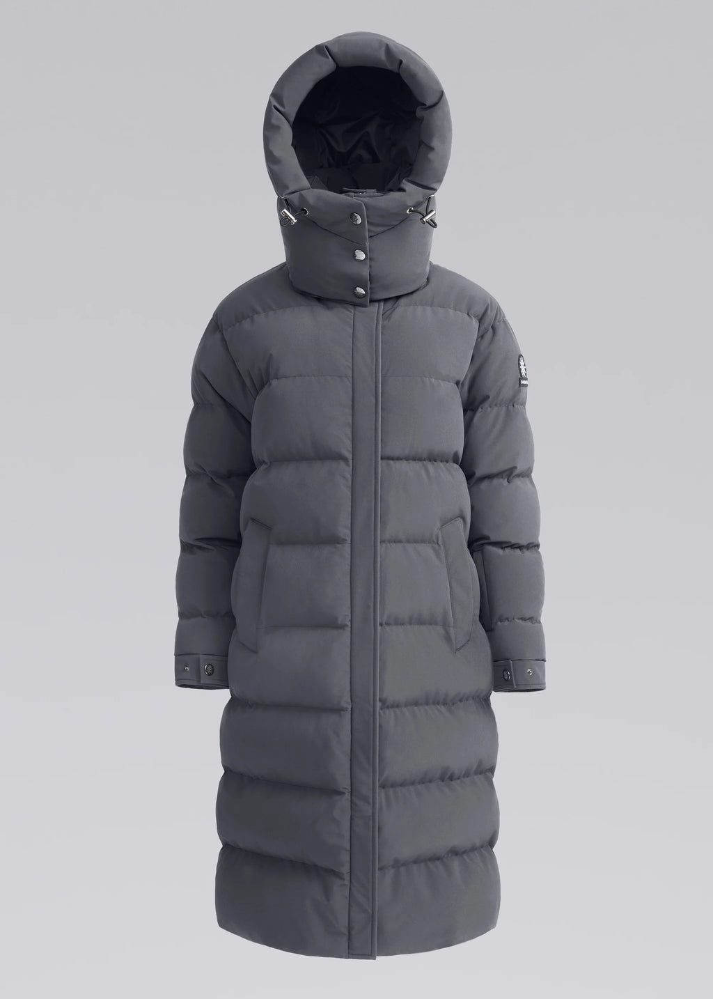 Women's Sandbanks Haven Charcoal Grey Long Puffer Jacket with hood up