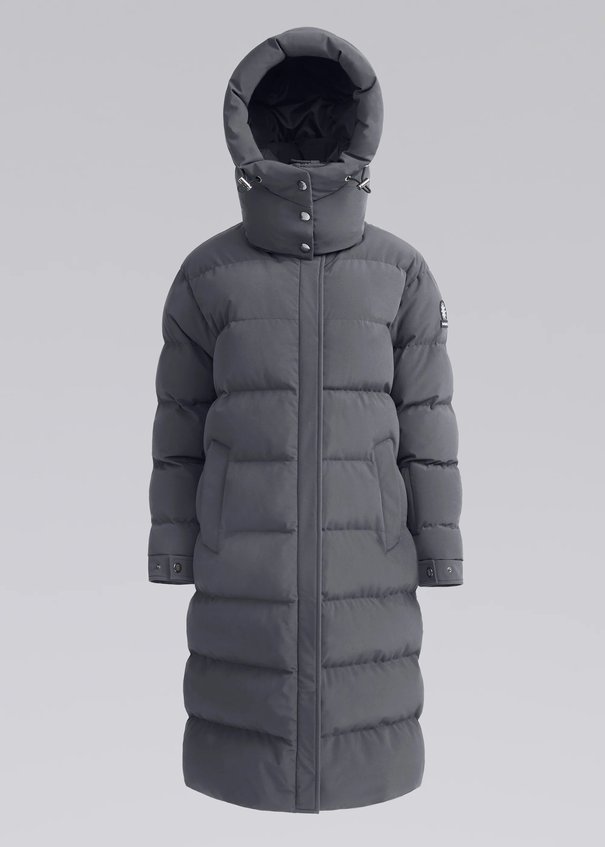 Women's Sandbanks Haven Charcoal Grey Long Puffer Jacket with hood up