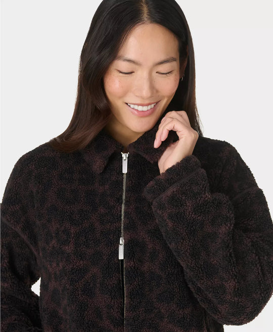 Women's Sweaty Betty Plush Collared Fleece - Large Brown Leopard Print
