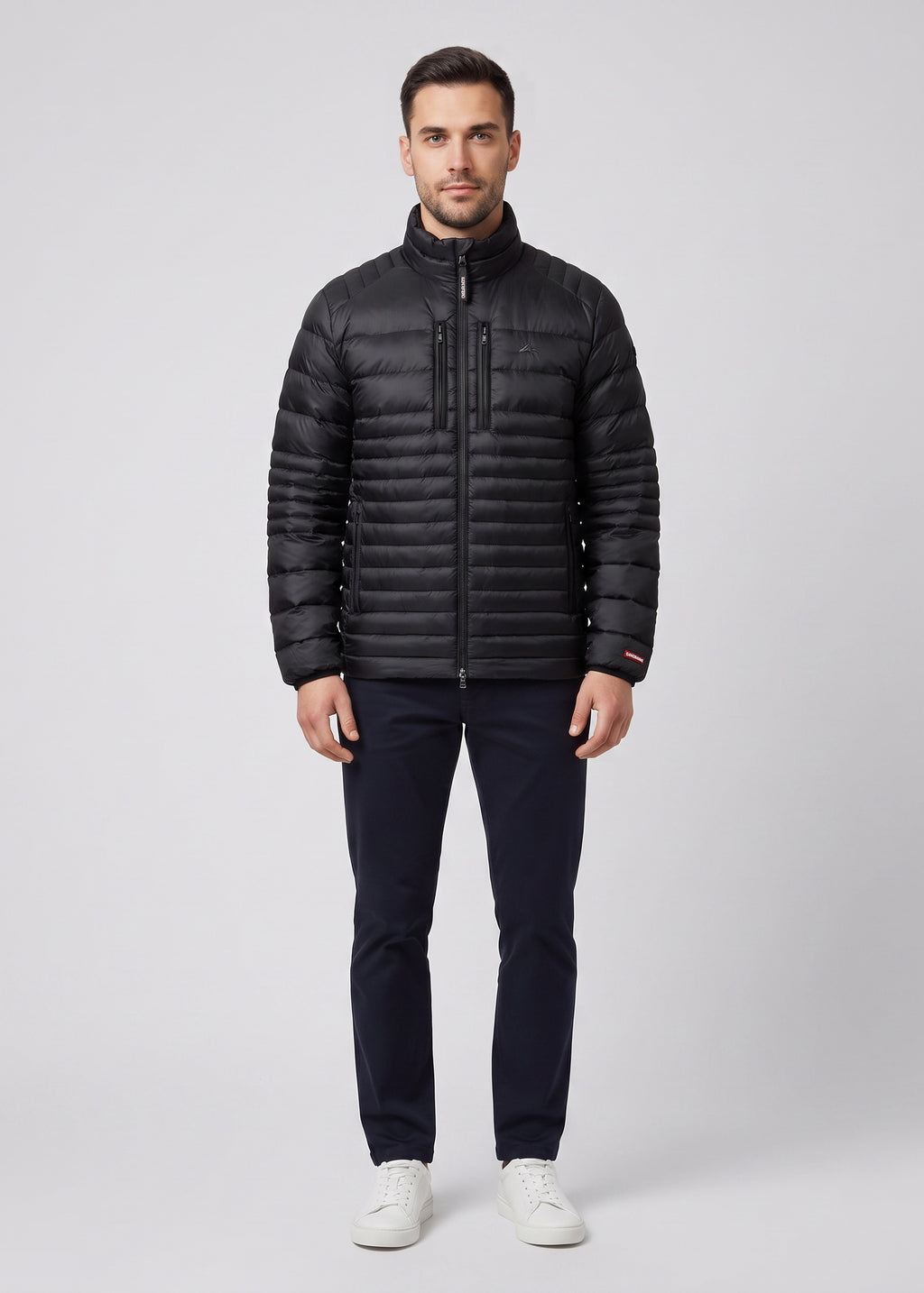 Men's Sandbanks Ripstop Micro Puffer Jacket in Black - on model