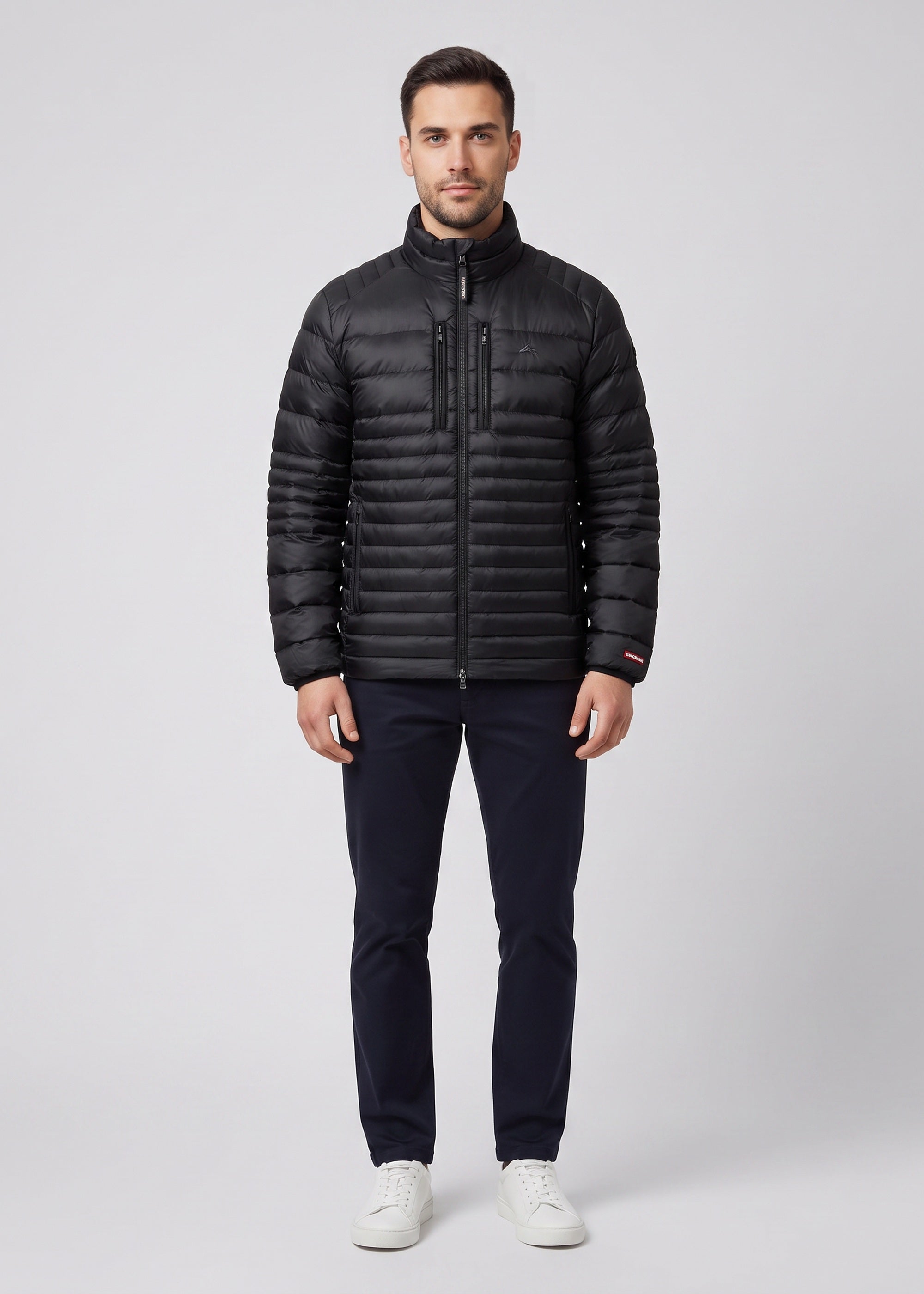 Men's Sandbanks Ripstop Micro Puffer Jacket in Black - on model