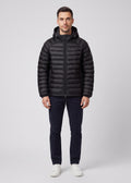 Men's Sandbanks Black Ragland Hooded Ripstop Micro Puffer Jacket - on model