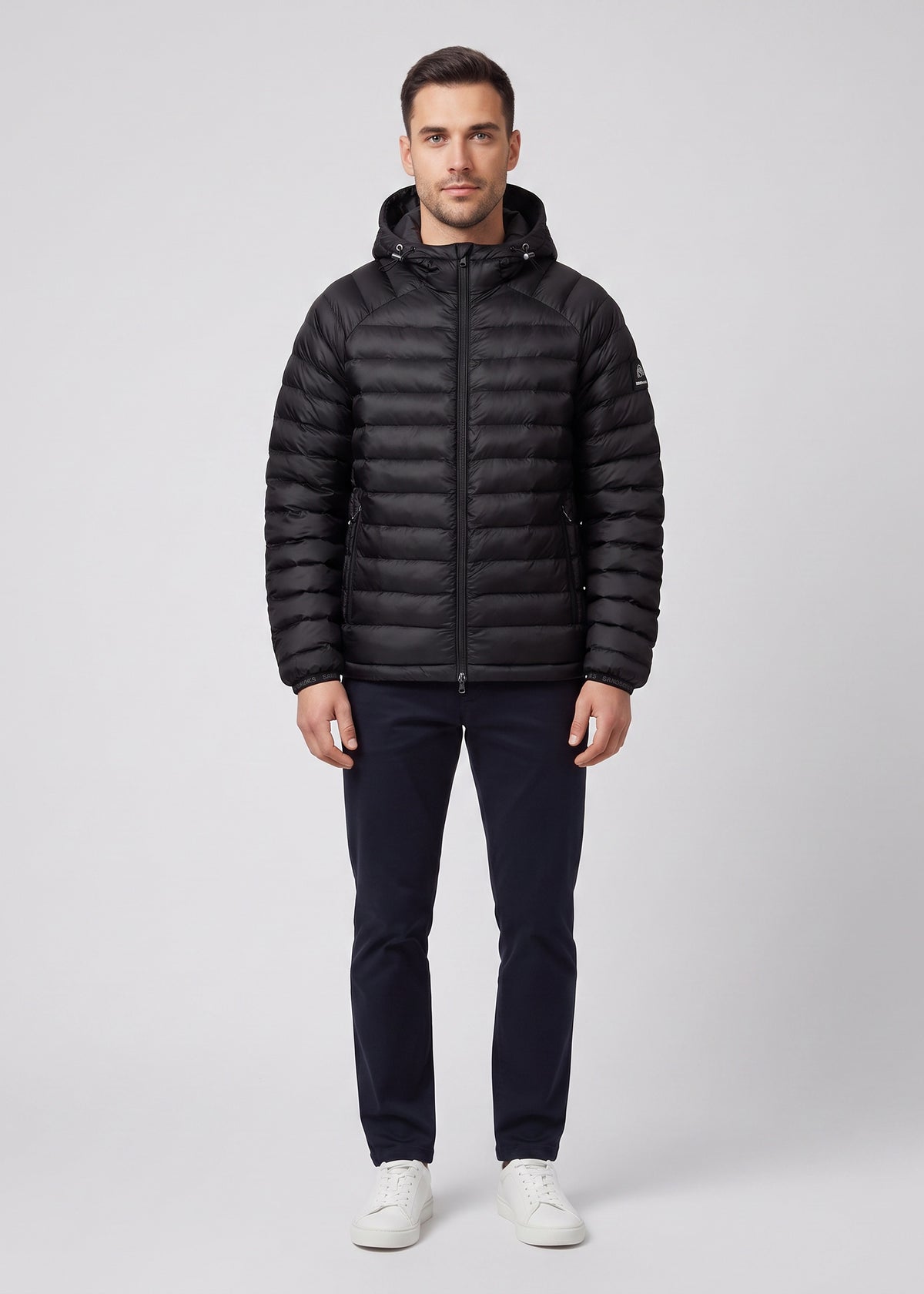 Men's Sandbanks Black Ragland Hooded Ripstop Micro Puffer Jacket - on model