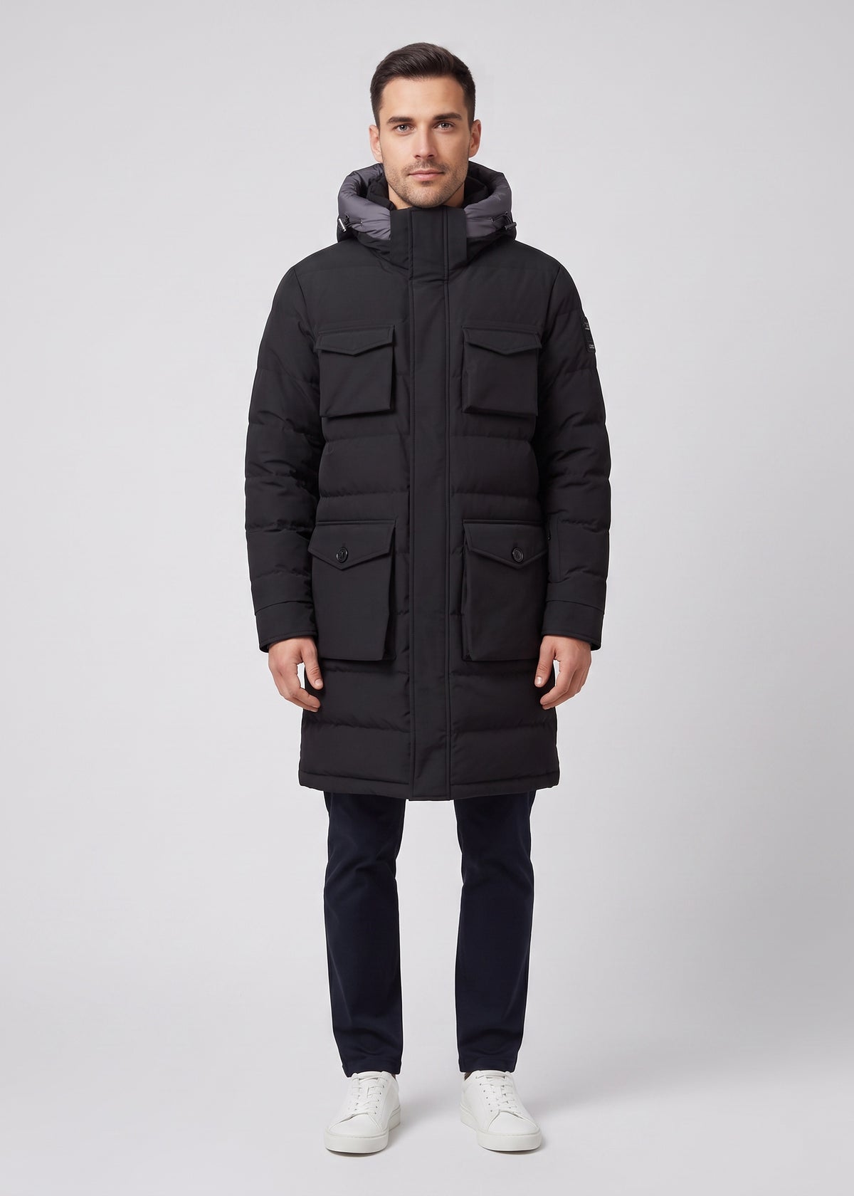 Men's Sandbanks Branksome Black Long Puffer Jacket - on model