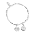 Silver beaded bracelet with two circular pendants. One pendant has a tree design, the other says "Live Love Life."
