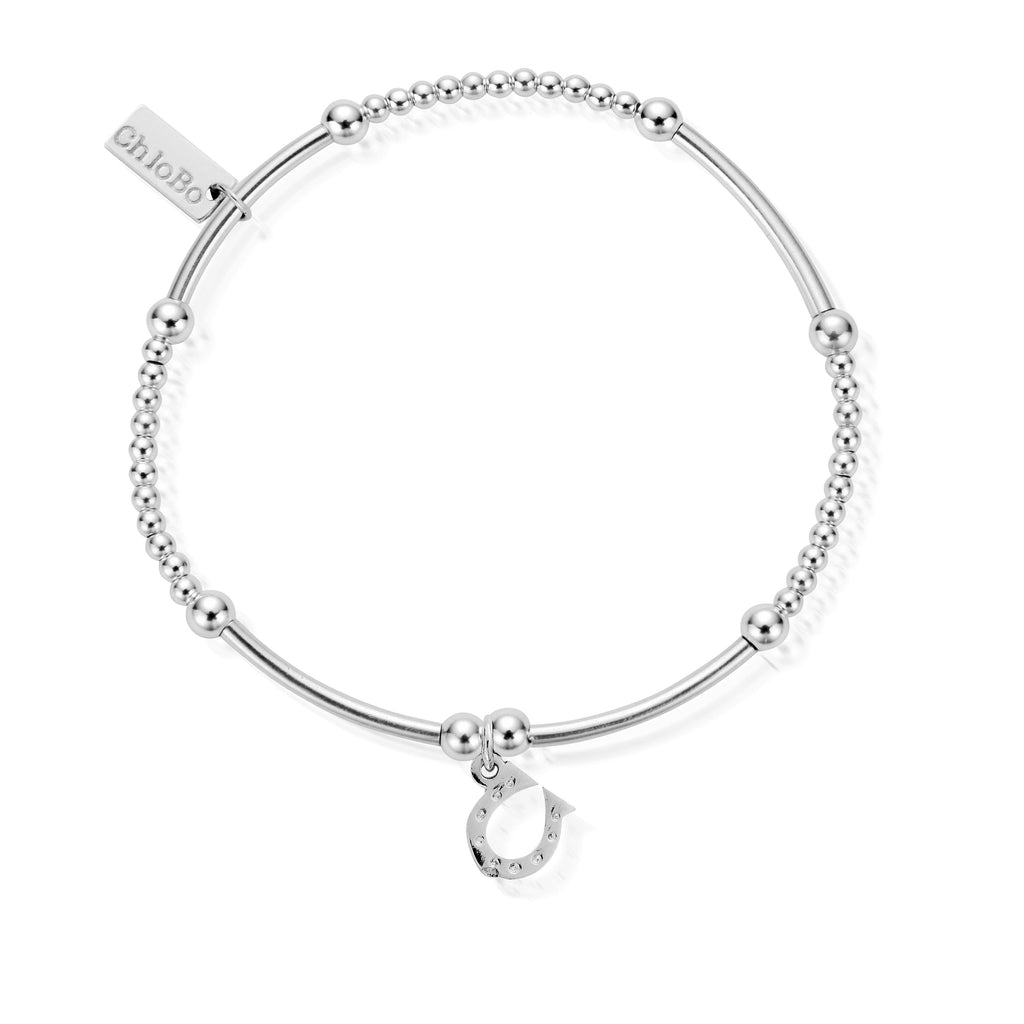 ChloBo bracelet featuring sterling silver 4mm & noodle beads with horseshoe charm. 'ChloBo' tag visible.