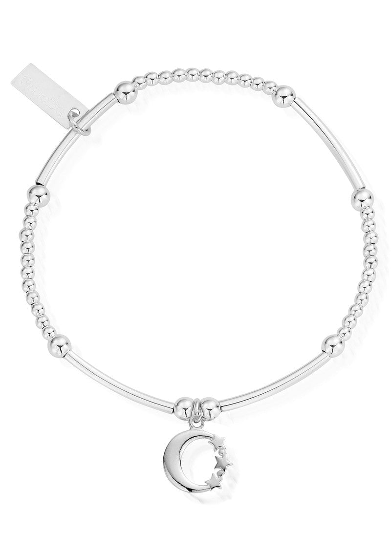 ChloBo moon & star bracelet showcases the delicate sterling silver design, charm detail and beaded band.