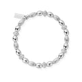 Silver beaded bracelet with a logo tag.