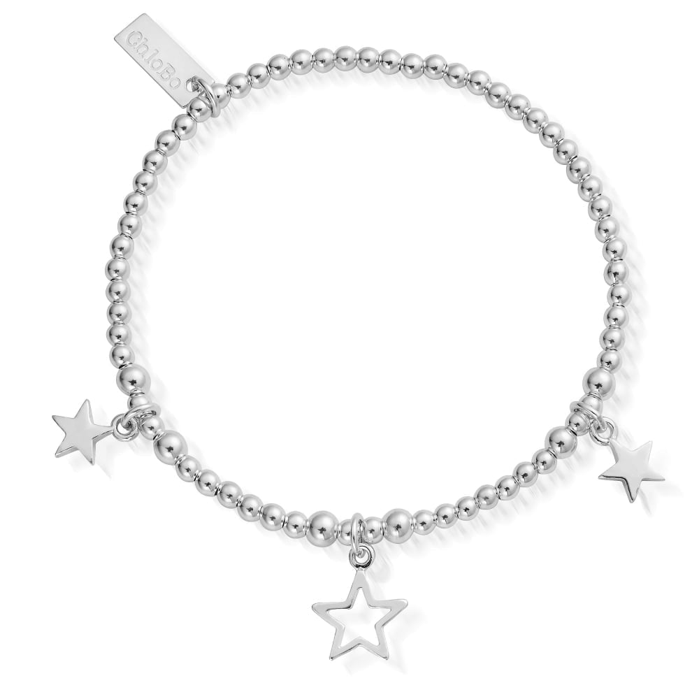 ChloBo star bracelet with 925 sterling silver beads and three star charms dangling.