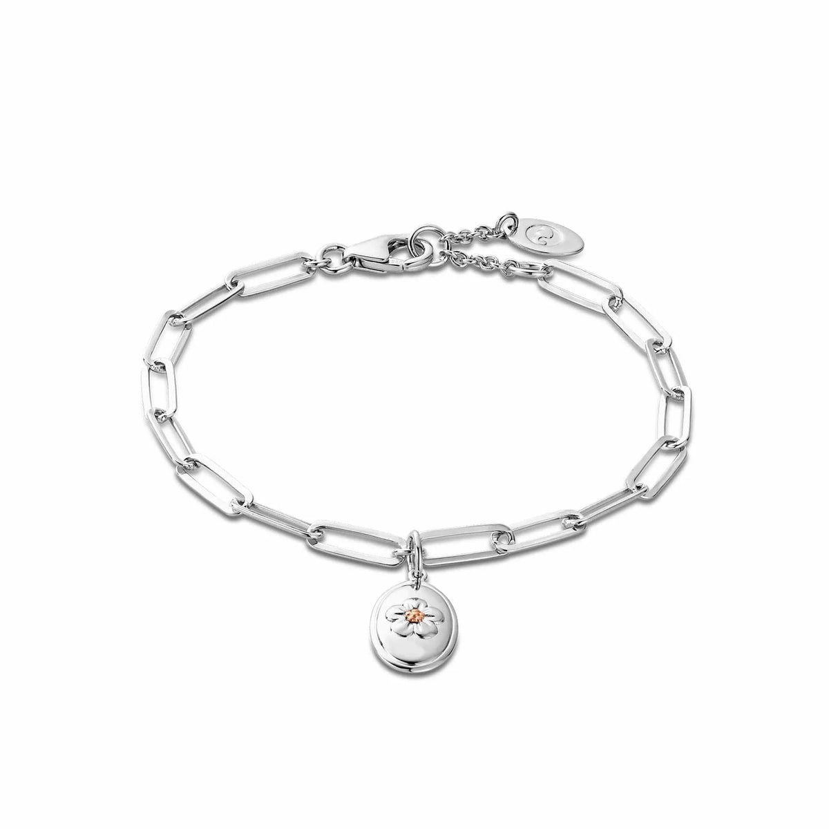 Silver chain bracelet with a flower charm.