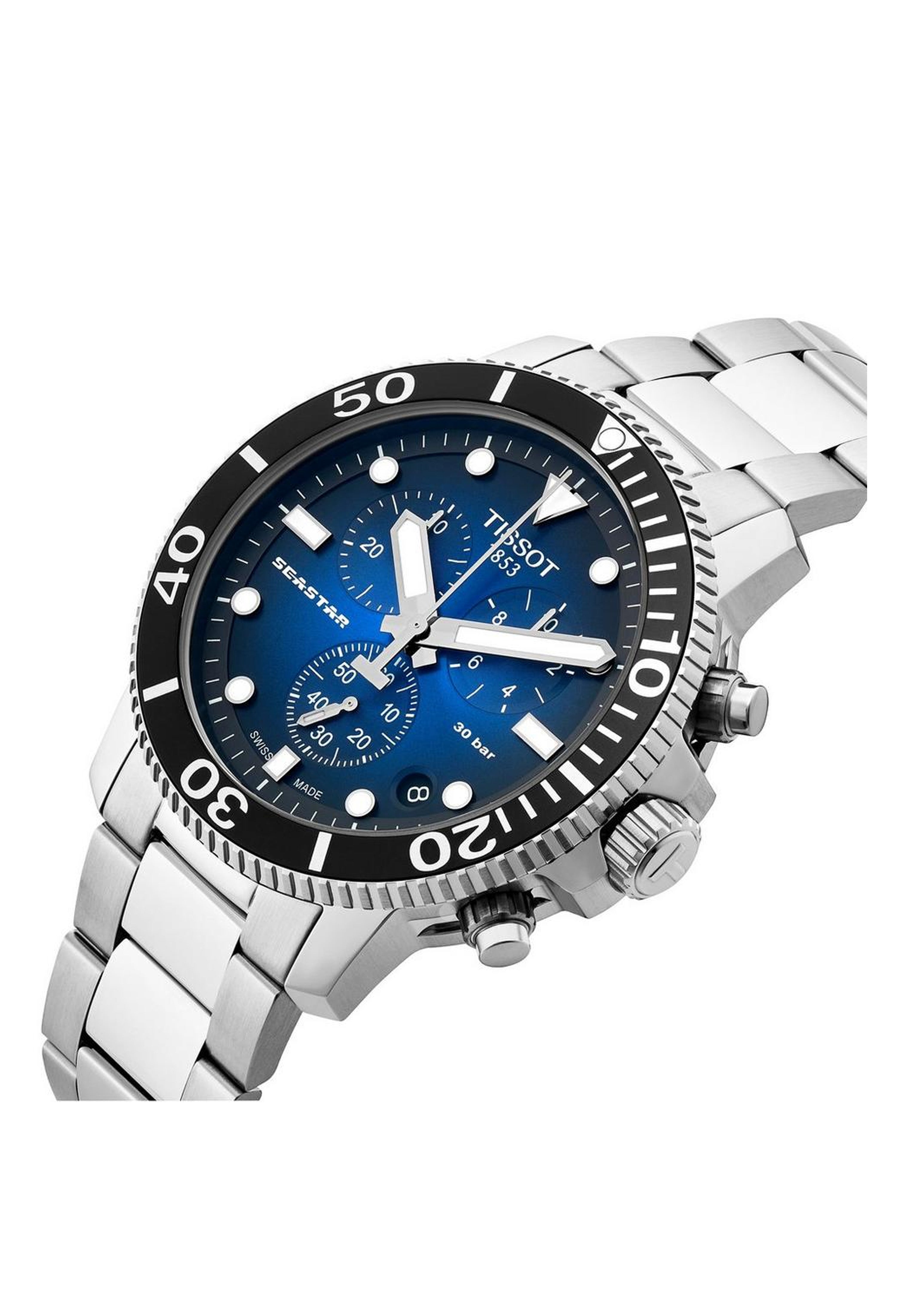 Tissot Seastar 1000 dive watch showcasing its blue dial, stainless steel bracelet, and unidirectional rotating bezel. Swiss