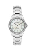 Close-up of the Citizen Ladies Silhouette watch with mother-of-pearl dial and crystal accents. Eco-Drive technology.