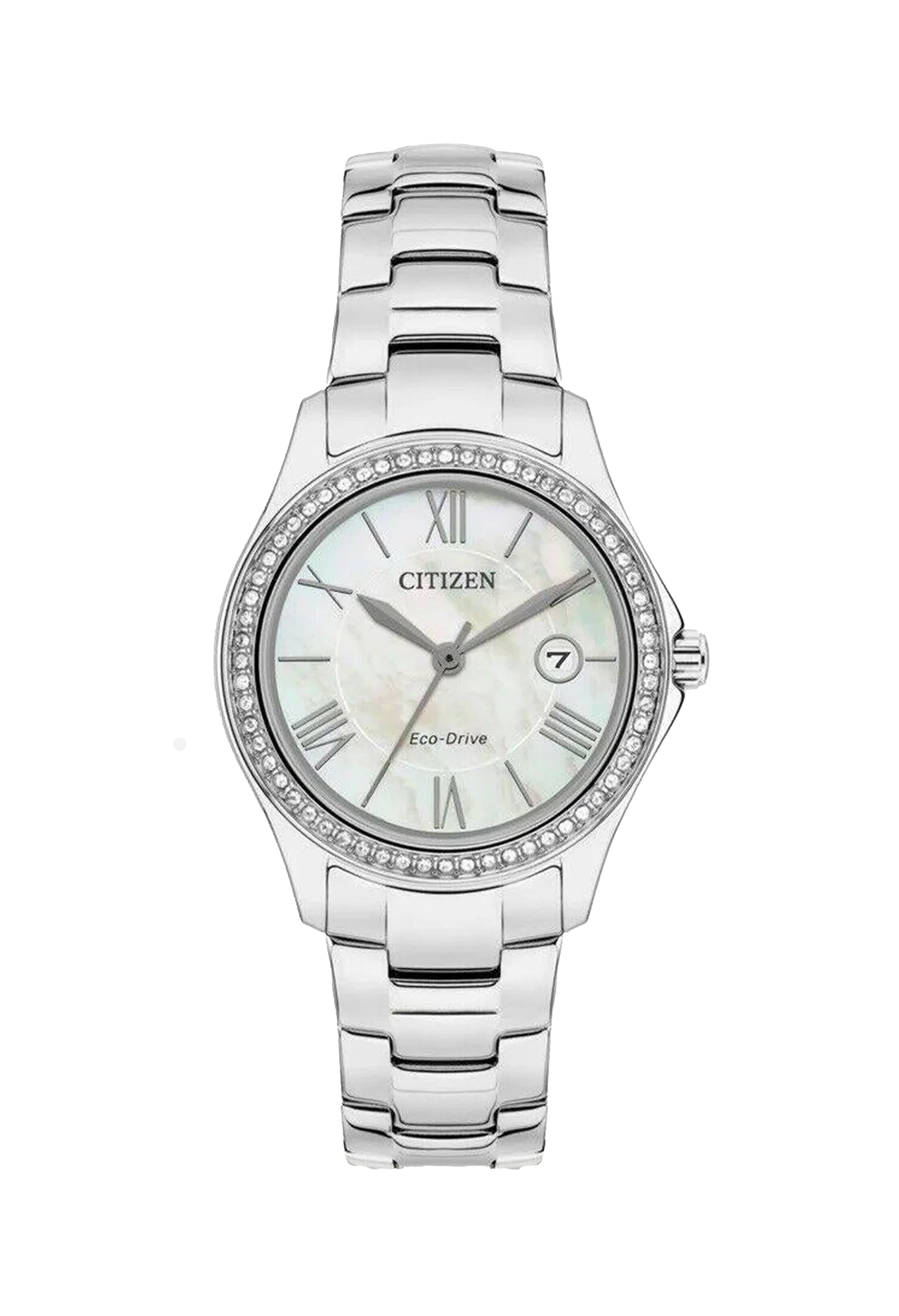 Close-up of the Citizen Ladies Silhouette watch with mother-of-pearl dial and crystal accents. Eco-Drive technology.