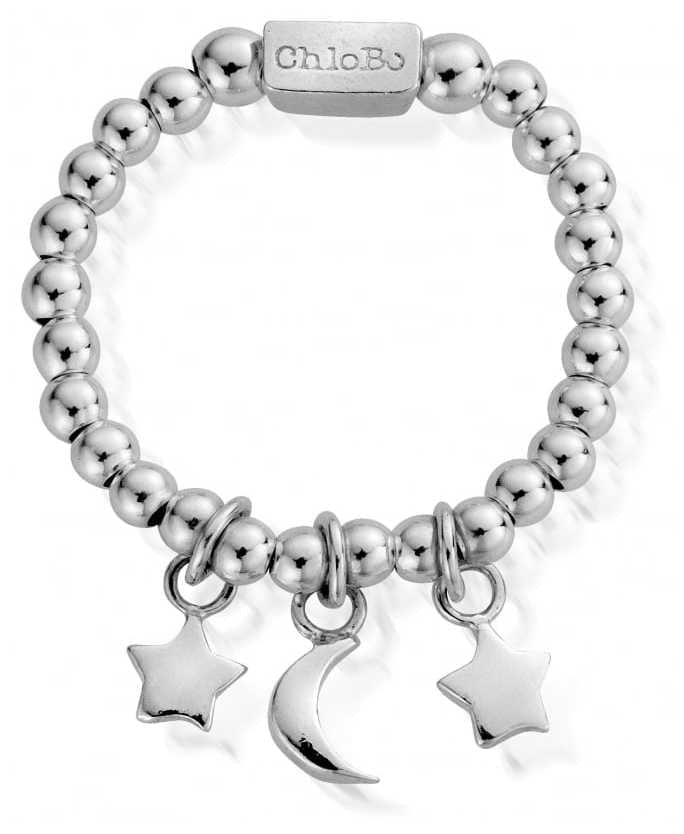ChloBo Silver Triple Night Sky Ring. Sterling silver ring with stars and moon charms. ChloBo branding visible.