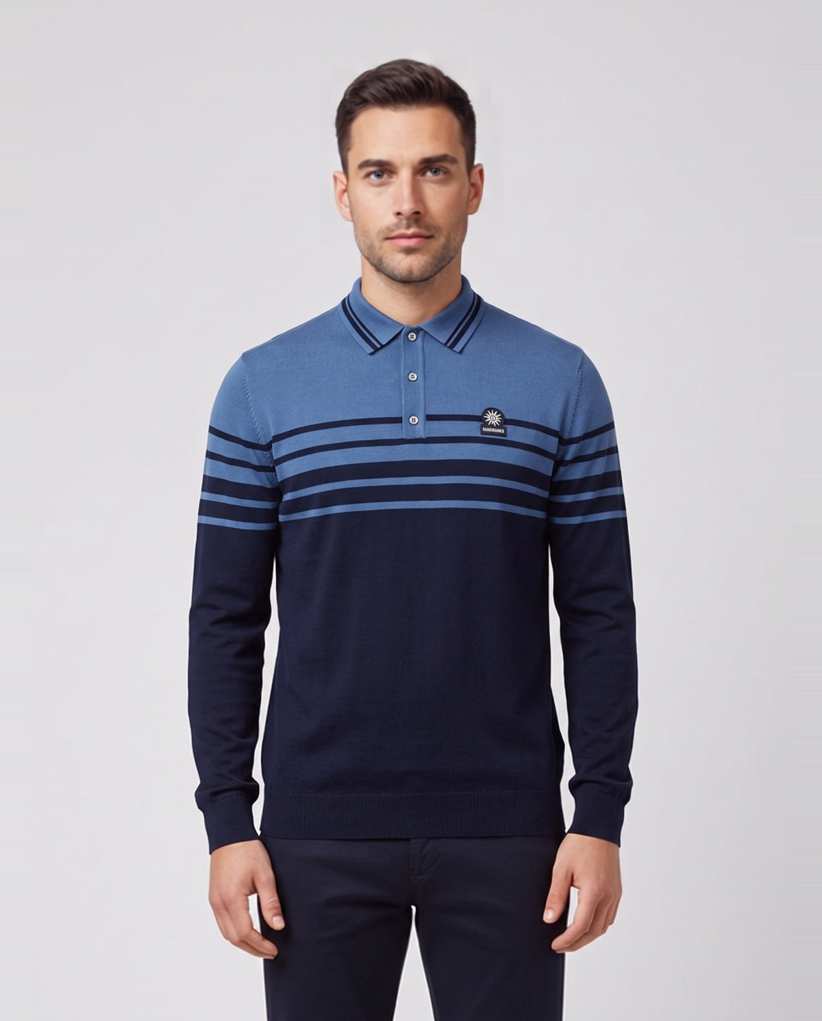 Men's Sandbanks Fine Gauge Polo in Navy — on model