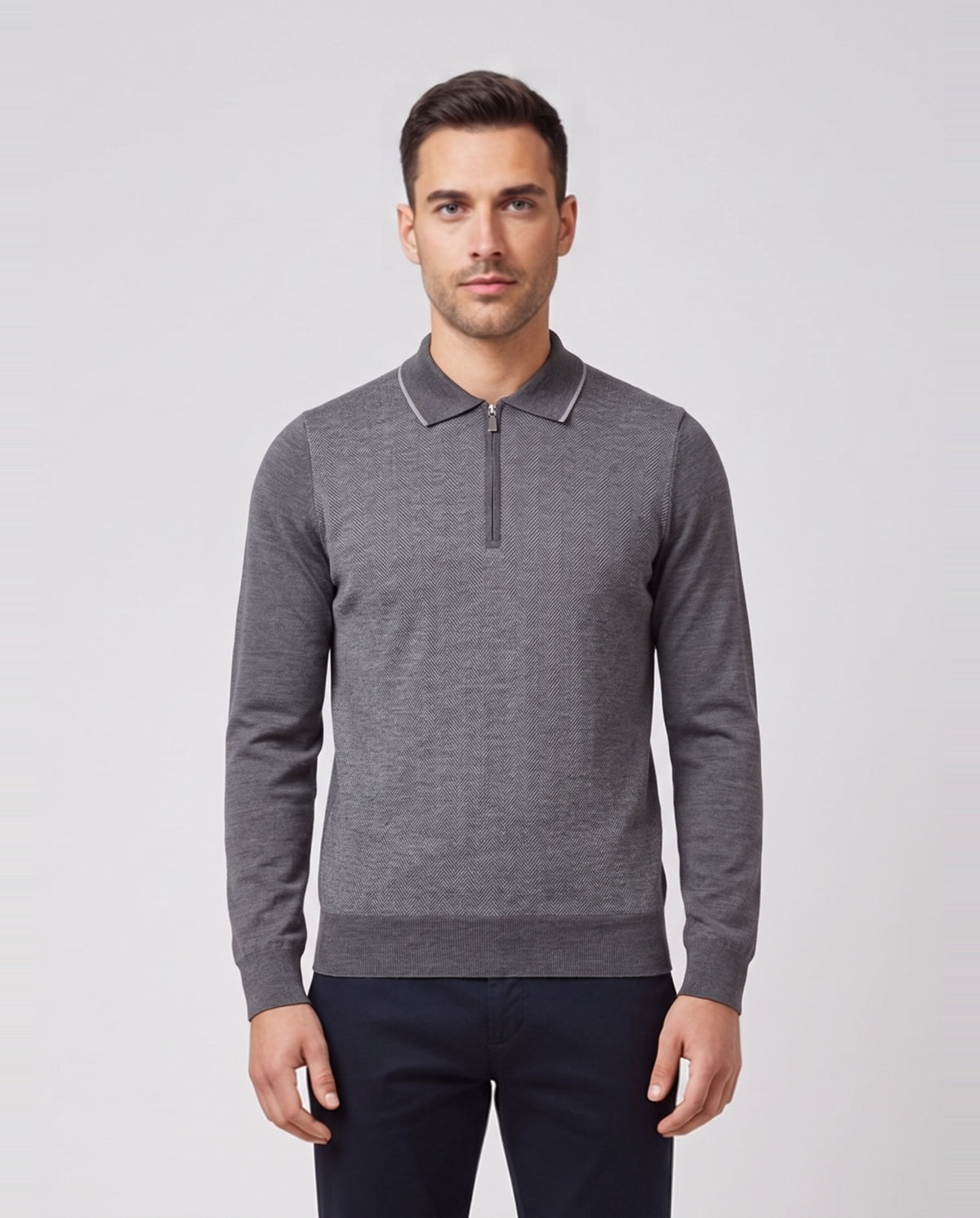 Men's Gran Sasso Grey Long Sleeve Knitted Zip Polo — on model