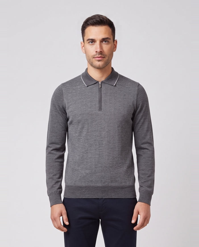 Men's Gran Sasso Grey Long Sleeve Knitted Zip Polo