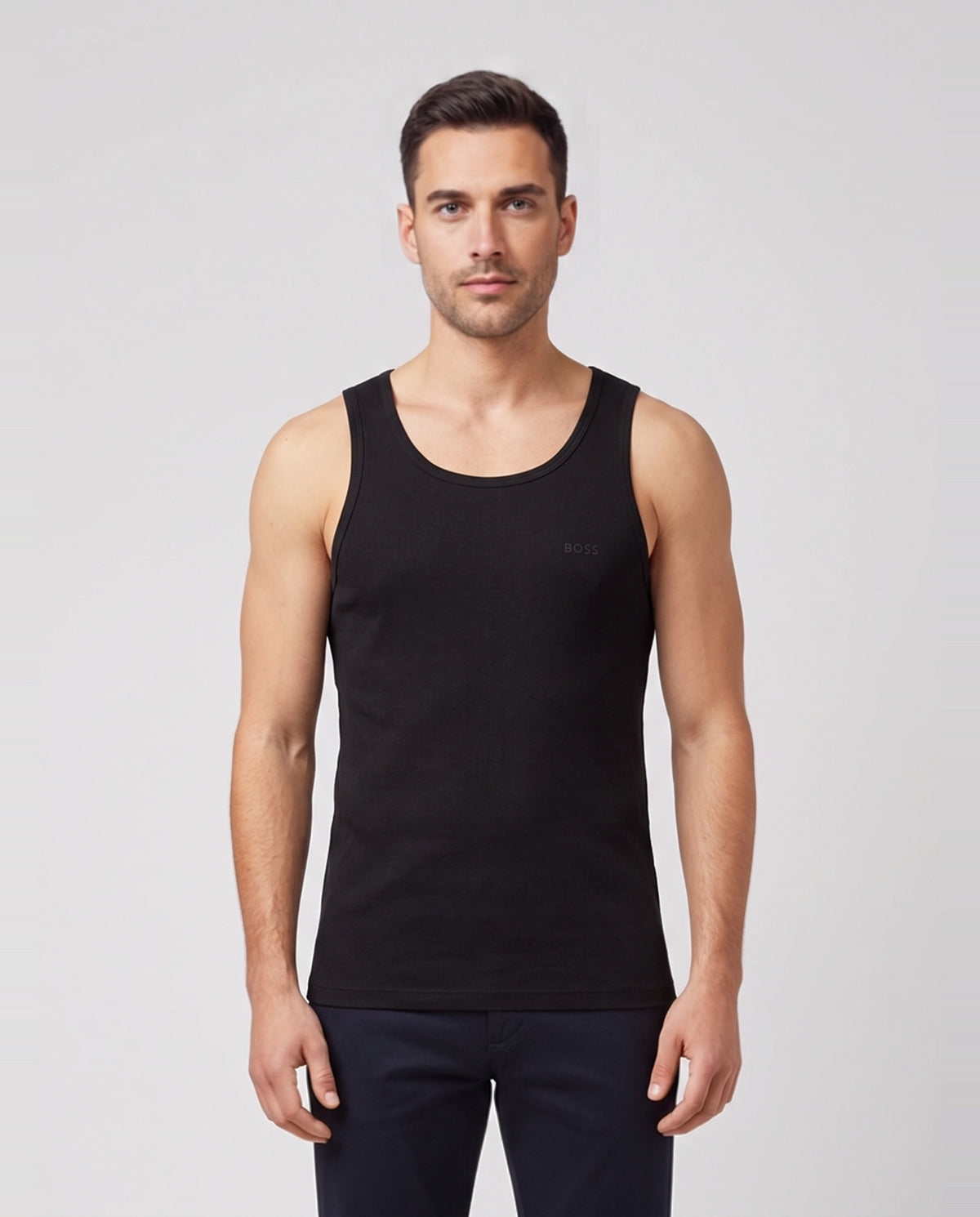 Mens BOSS Black TankTop3P RibClassic in Black — on model