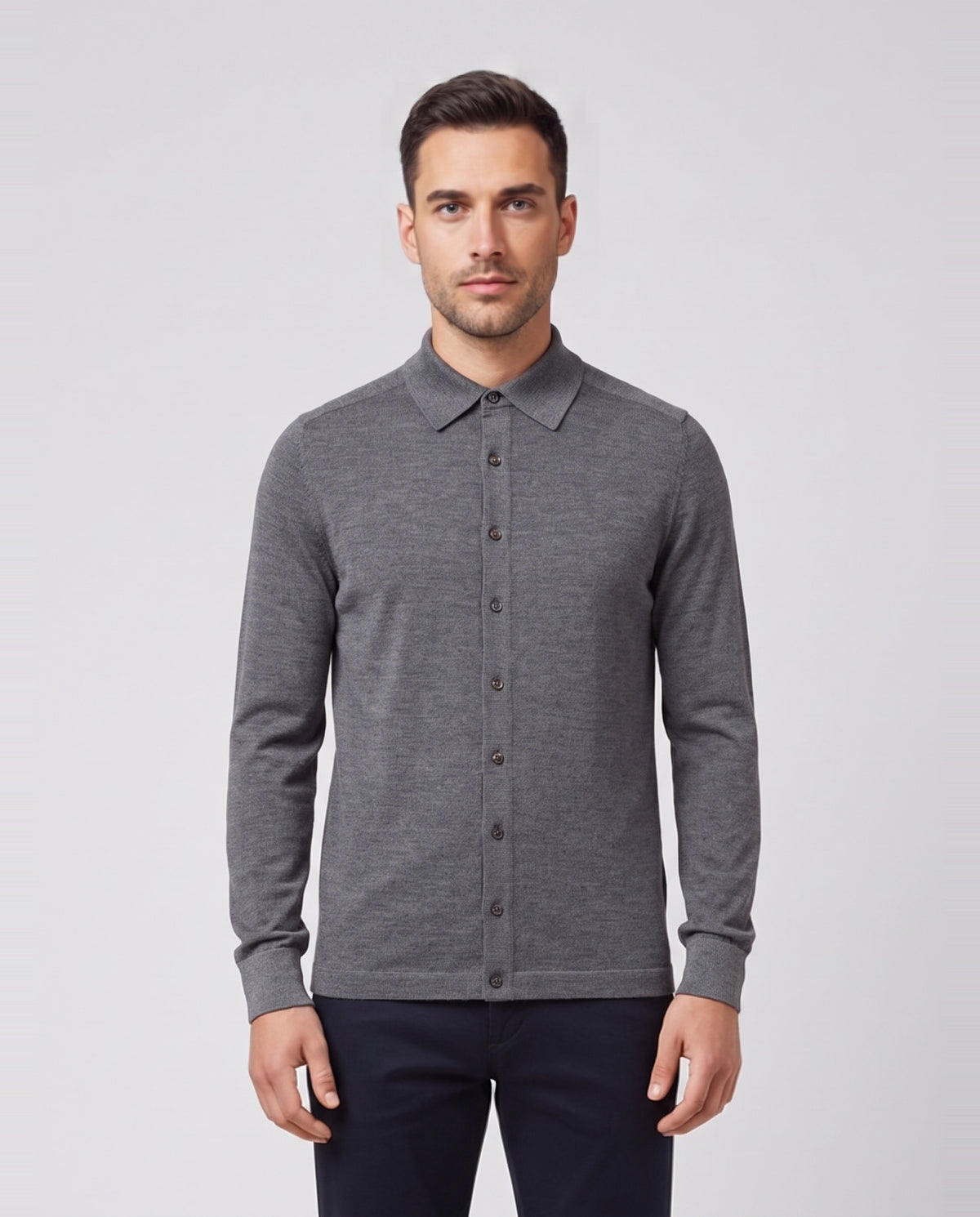 Men's Pal Zileri Button Through Knitted Shirt Grey — on model