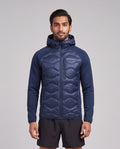 Men's Peak Performance Helium Down Hybrid Hood in Blue Shadow — on model