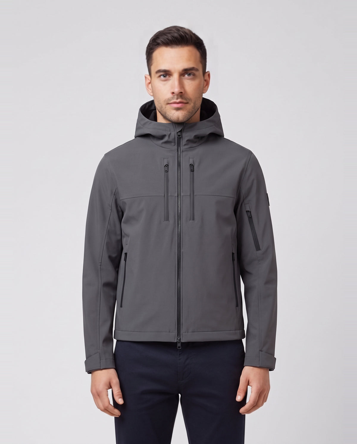 Men's Sandbanks Hooded Waterproof Shell Jacket in Charcoal — on model
