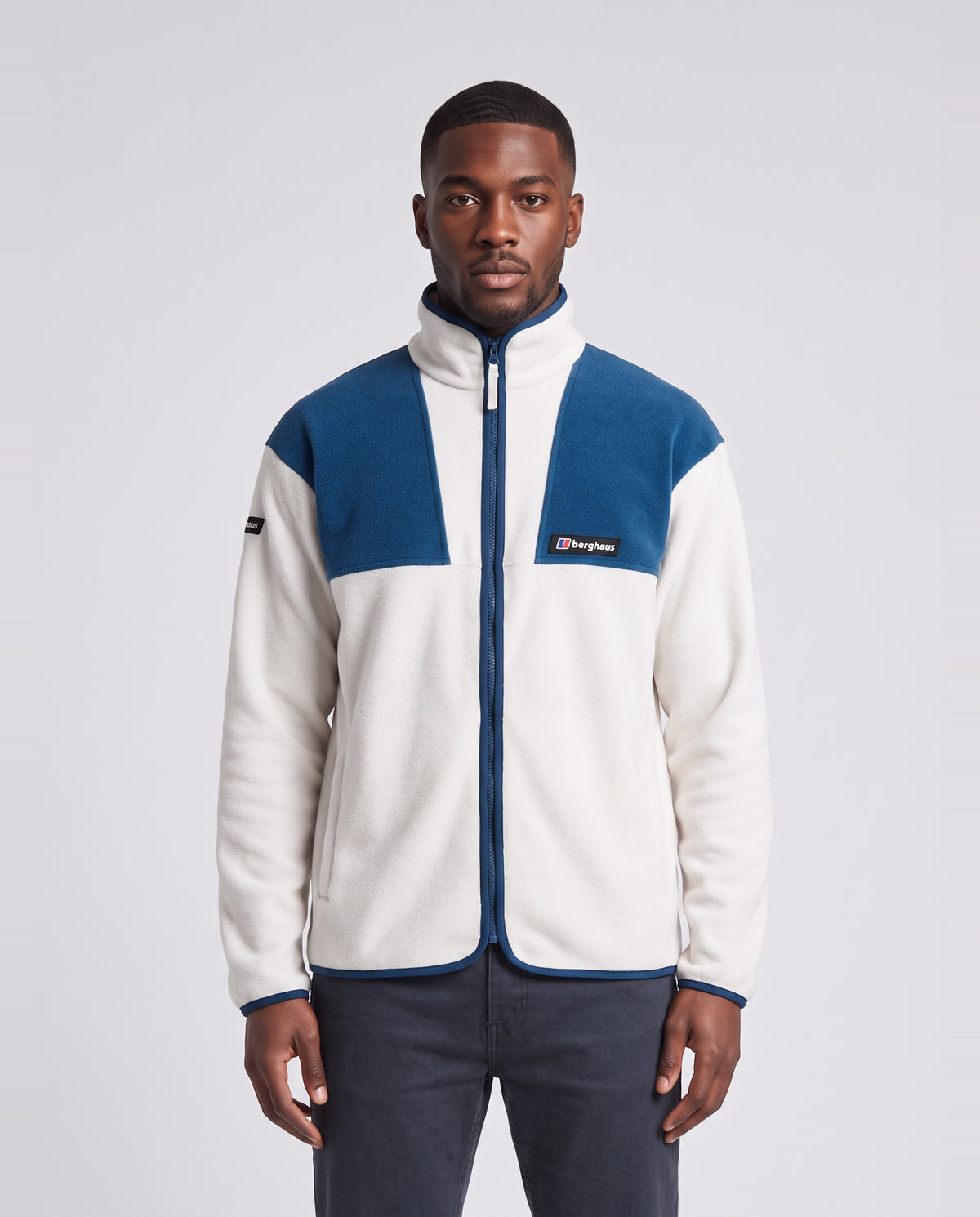 Men's Berghaus Trango Mountain Fleece in White/Dark Blue — on model