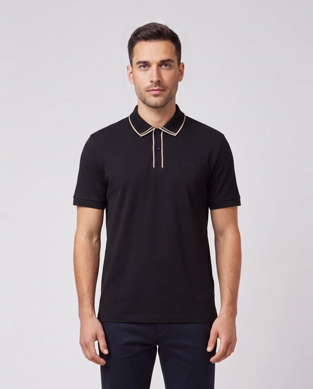 BOSS Green PL Cord Paddy Black Polo Shirt — on model