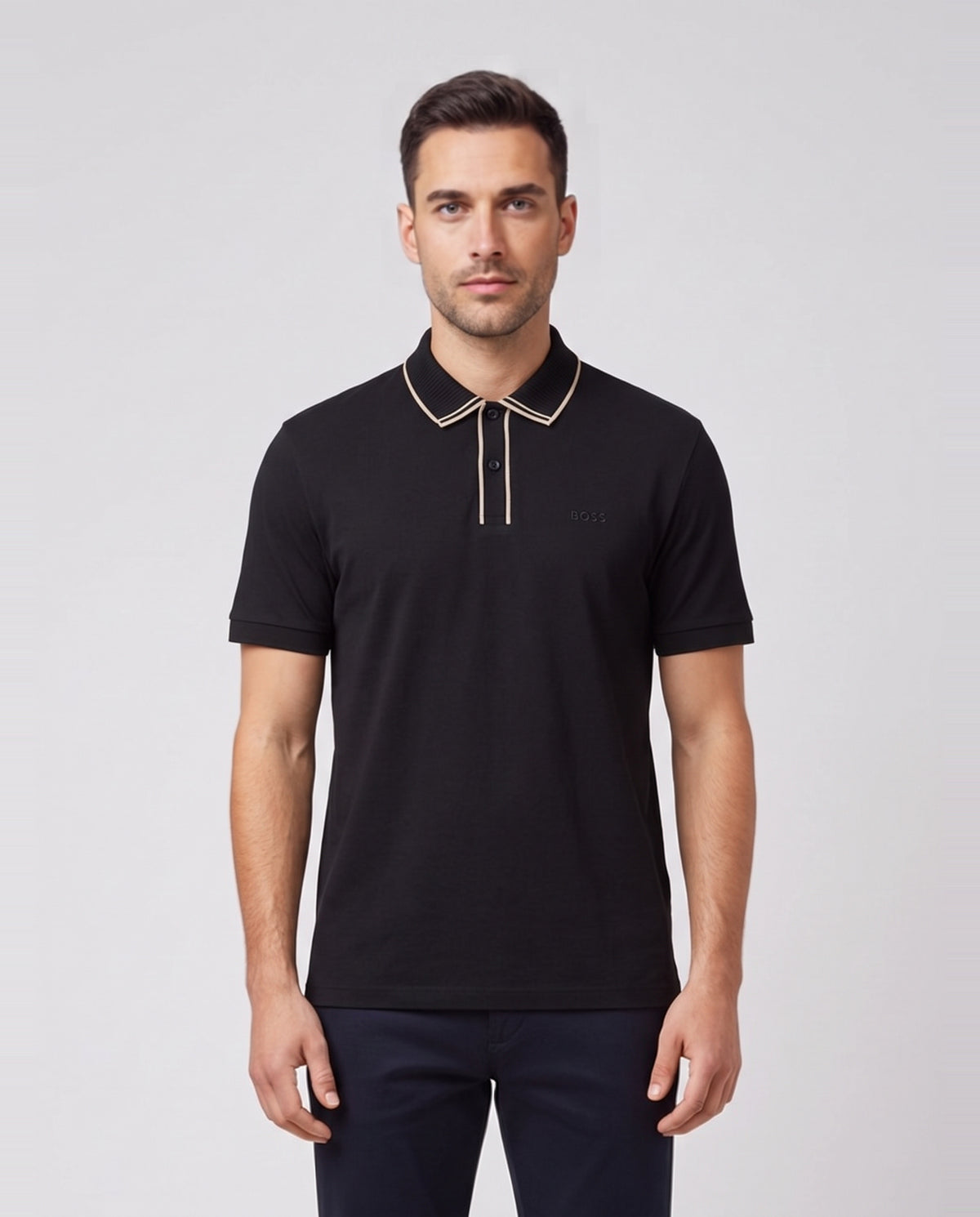 BOSS Green PL Cord Paddy Black Polo Shirt — on model