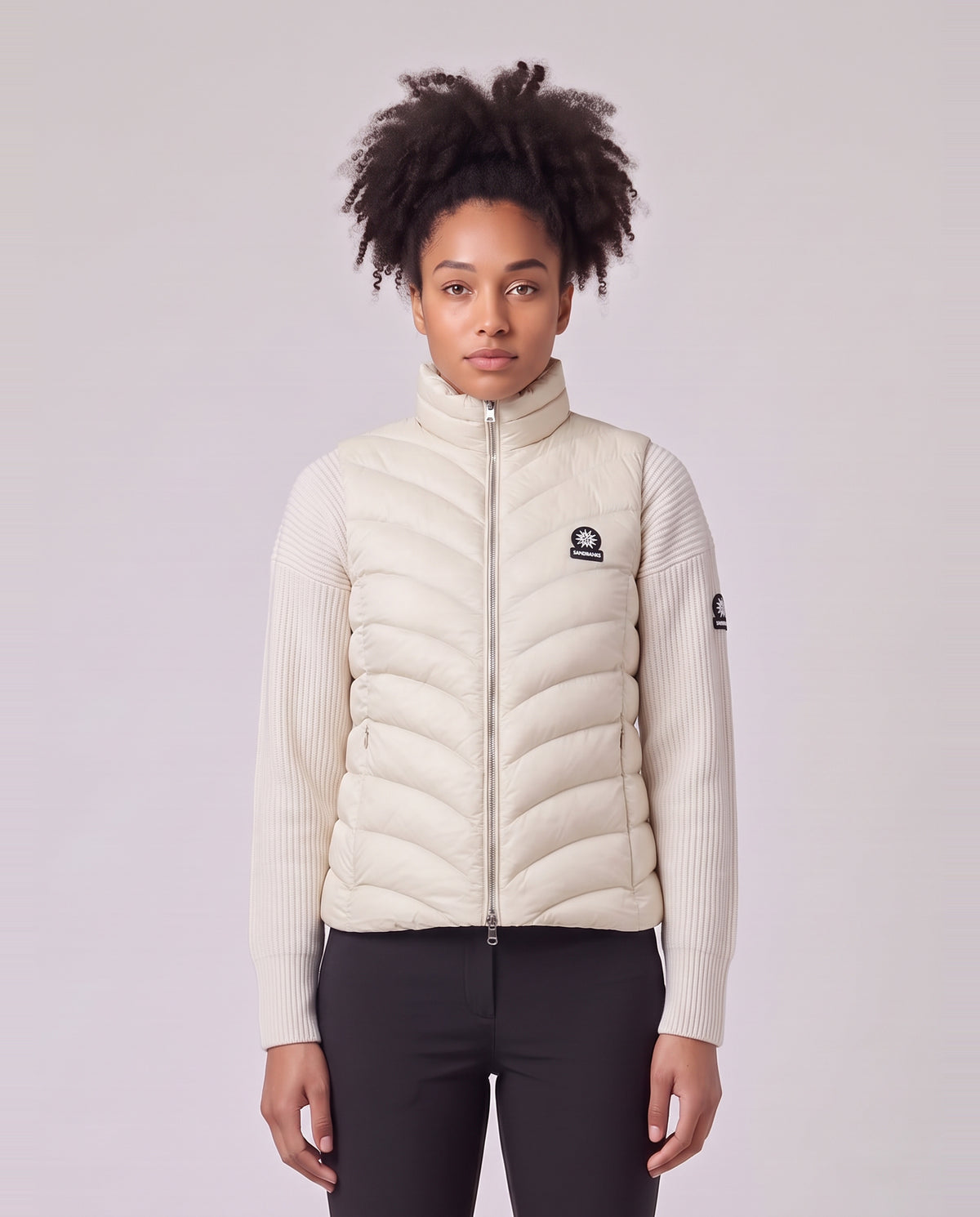 Women's Sandbanks Micro Puffer Gilet in Stone — on model