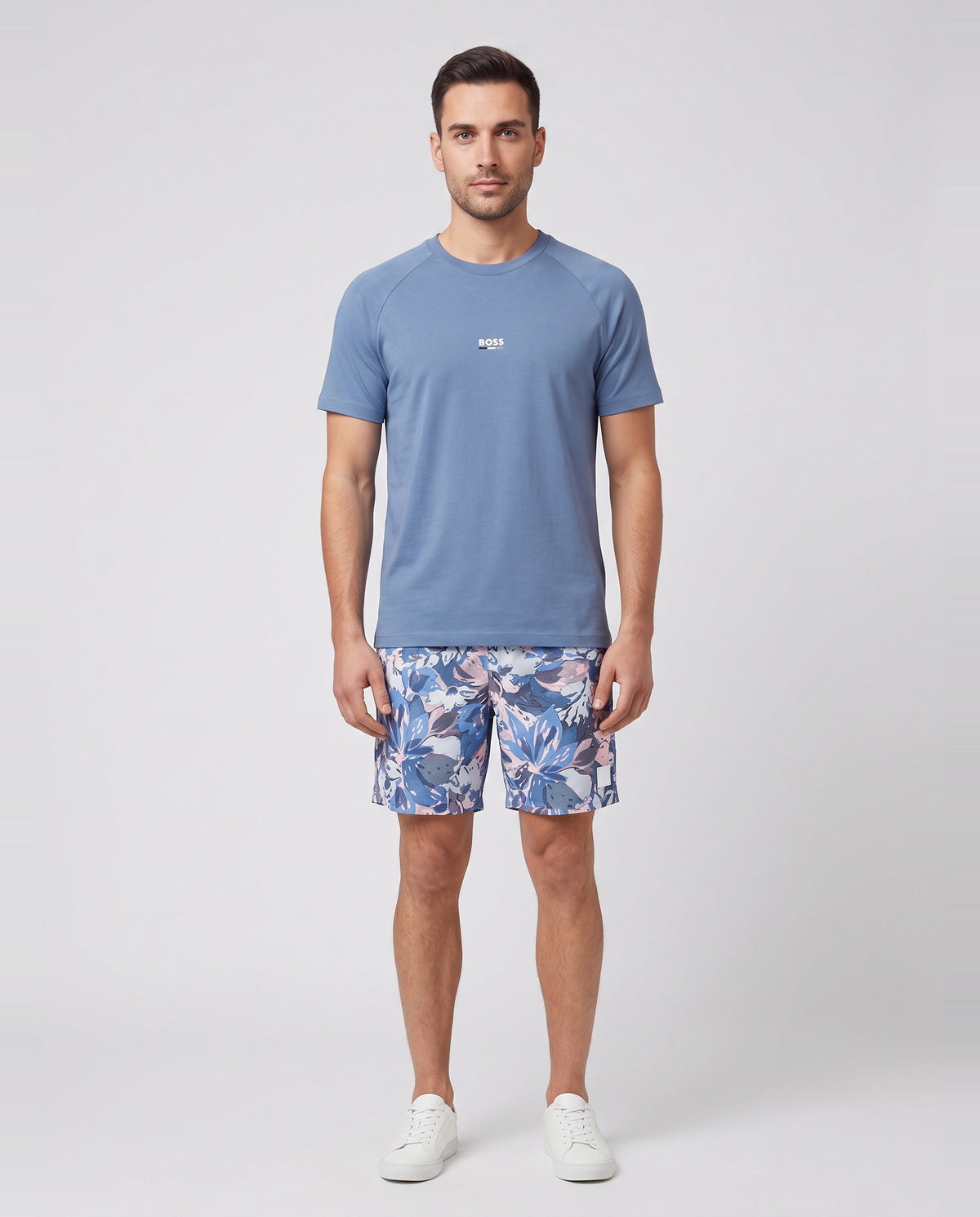 BOSS Black T-Shirt RN Slim Fit Light/Pastel Blue & Piranha Swimwear Set — on model