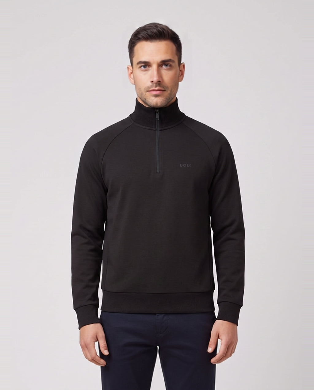 BOSS Green Sweat Black 1/4 Zip Sweatshirt — on model