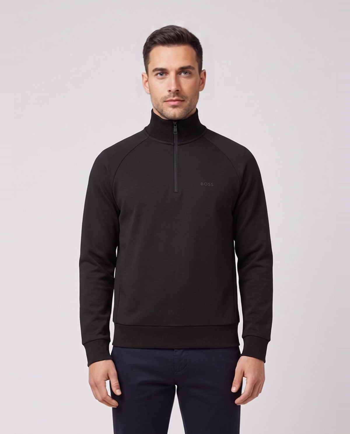 BOSS Green Sweat Black 1/4 Zip Sweatshirt — on model