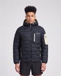 Men's Peak Performance Helium Utility Down Hood in Black/Sand Fog — on model