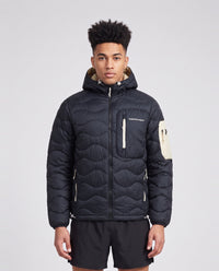 Men's Peak Performance Helium Utility Down Hood in Black/Sand Fog