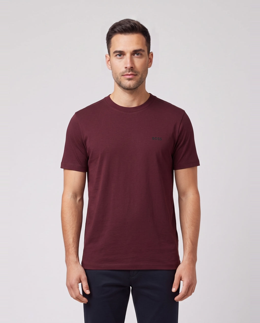 Mens BOSS Green Tee Dark Pink T Shirt — on model