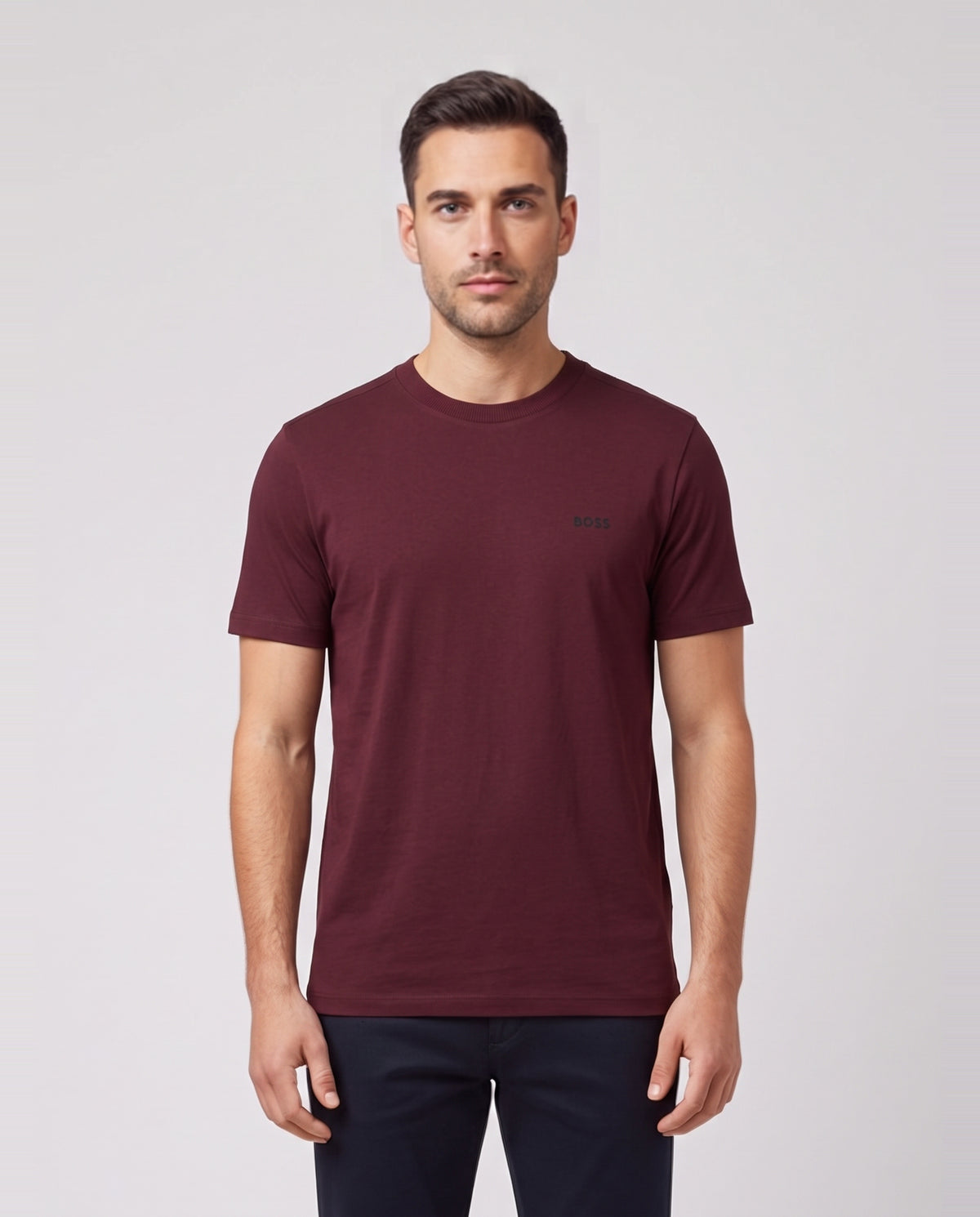 Mens BOSS Green Tee Dark Pink T Shirt — on model