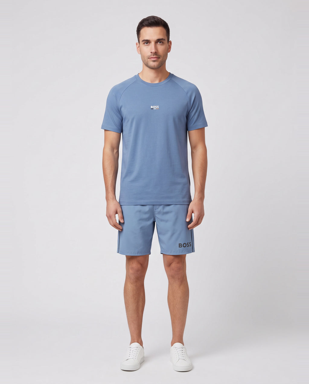 BOSS Black T-Shirt RN Slim Fit Light/Pastel Blue & Starfish Swimwear Set — on model