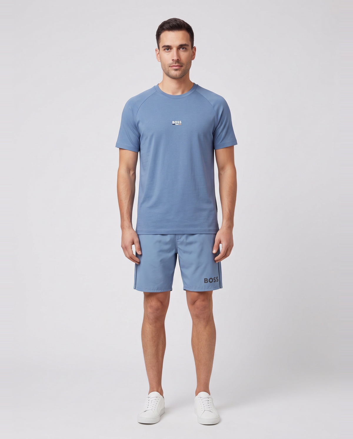 BOSS Black T-Shirt RN Slim Fit Light/Pastel Blue & Starfish Swimwear Set — on model