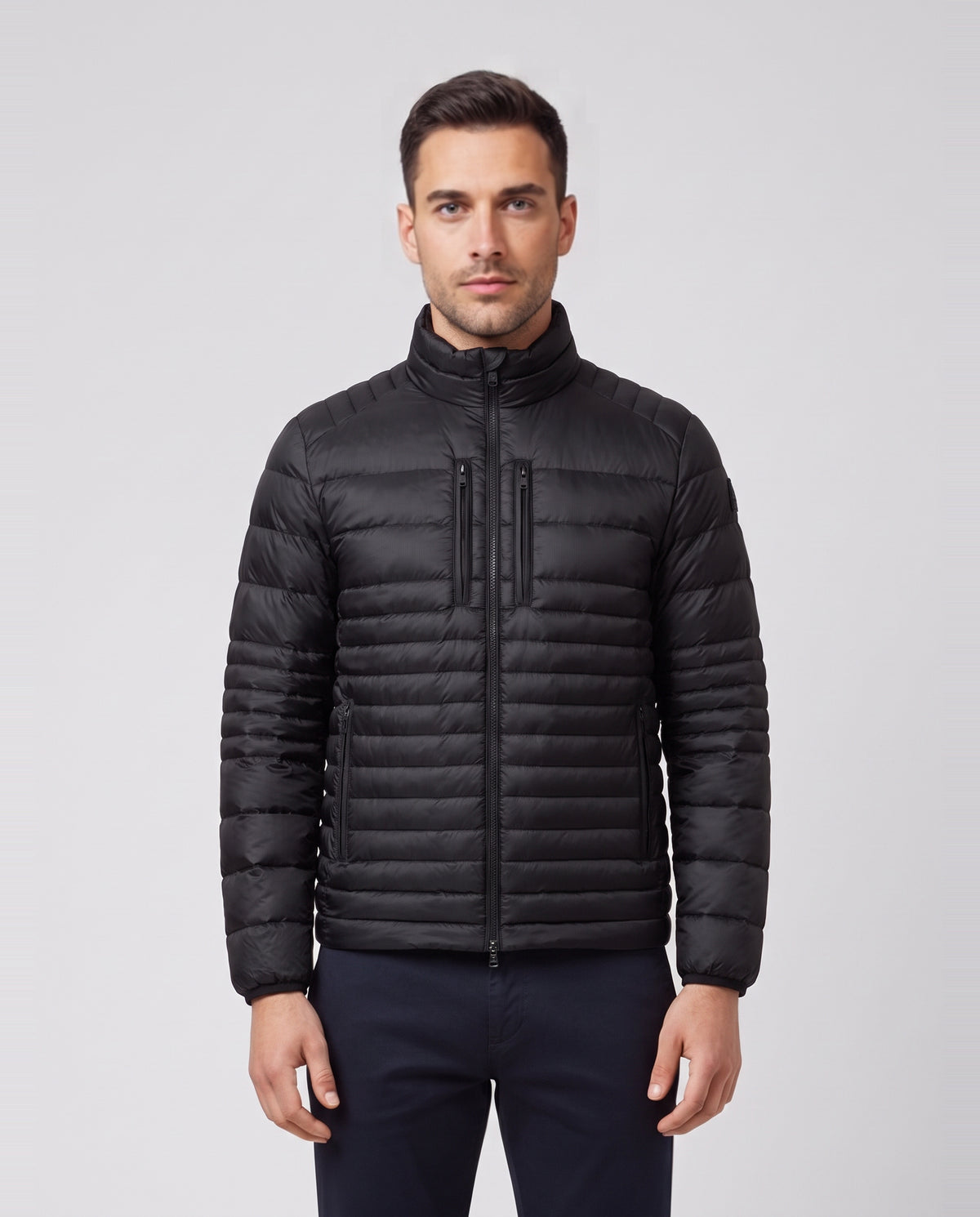 Men's Sandbanks Ripstop Micro Puffer Jacket in Black — on model