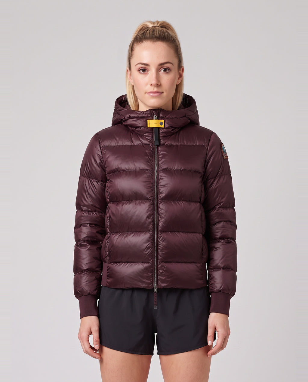 Women's Parajumpers Mariah Hooded Down Bomber In Bordeaux — on model