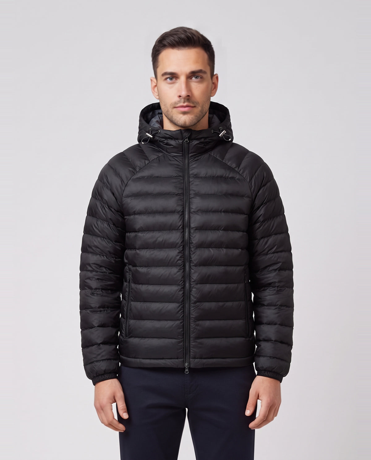 Men's Sandbanks Black Ragland Hooded Ripstop Micro Puffer Jacket — on model