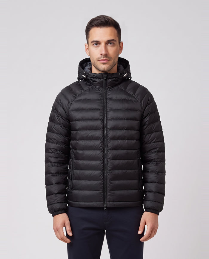 Men's Sandbanks Black Ragland Hooded Ripstop Micro Puffer Jacket