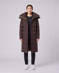 Women's Sandbanks Haven Brown Long Puffer Jacket — on model